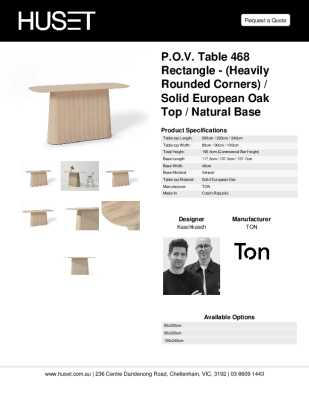 Tear Sheet: P.O.V. Table 468 Rectangle - (Heavily Rounded Corners) / Solid European Oak Top / Natural Base