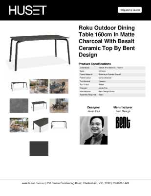 Tear Sheet: Roku Outdoor Dining Table 160cm in Matte Charcoal with Basalt Ceramic Top by Bent Design
