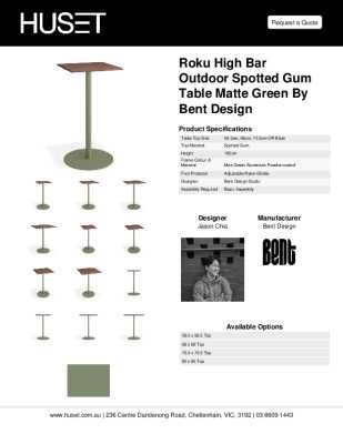 Tear Sheet: Roku High Bar Outdoor Spotted Gum Table Matte Green by Bent Design