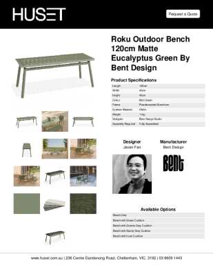 Tear Sheet: Roku Outdoor Bench 120cm Matte Eucalyptus Green by Bent Design