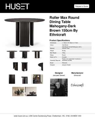Tear Sheet: Roller Max Round Dining Table Mahogany-Dark Brown 150cm by Ethnicraft