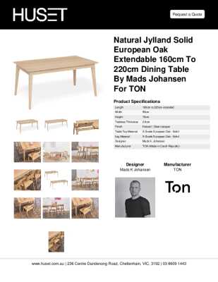 Tear Sheet: Natural Jylland Solid European Oak Extendable 160cm to 220cm Dining Table by Mads Johansen for TON