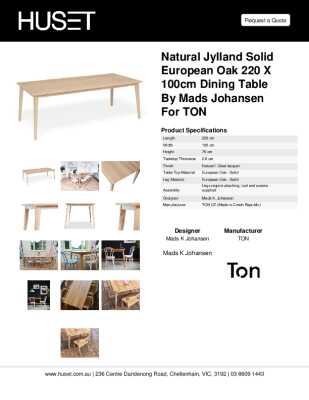 Tear Sheet: Natural Jylland Solid European Oak 220 x 100cm Dining Table by Mads Johansen for TON