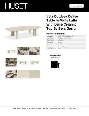Tear Sheet: Vela Outdoor Coffee Table in Matte Latte with Dune Ceramic Top by Bent Design
