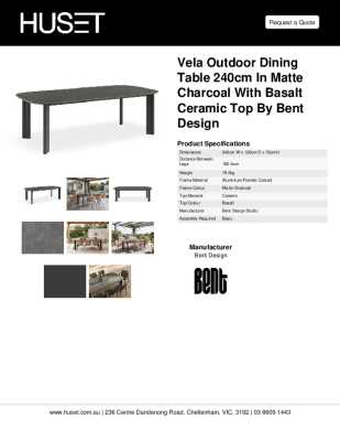 Tear Sheet: Vela Outdoor Dining Table 240cm in Matte Charcoal with Basalt Ceramic Top by Bent Design
