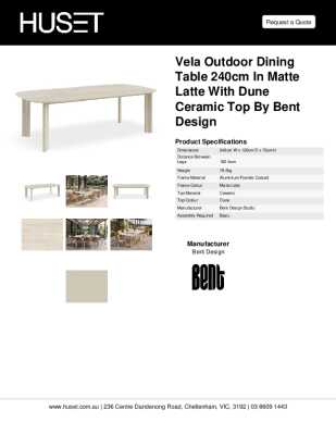 Tear Sheet: Vela Outdoor Dining Table 240cm in Matte Latte with Dune Ceramic Top by Bent Design