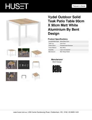 Tear Sheet: Vydel Outdoor Solid Teak Patio Table 90cm x 90cm Matt White Aluminium by Bent Design