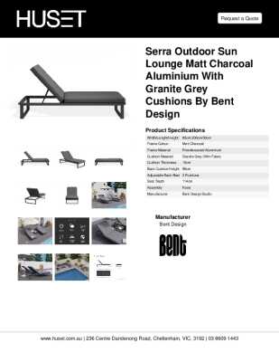Tear Sheet: Serra Outdoor Sun Lounge Matt Charcoal with Granite Grey Cushions by Bent Design